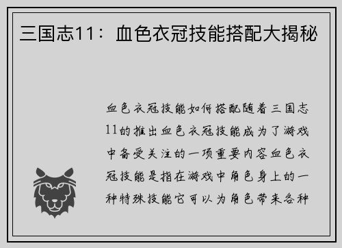 三国志11：血色衣冠技能搭配大揭秘